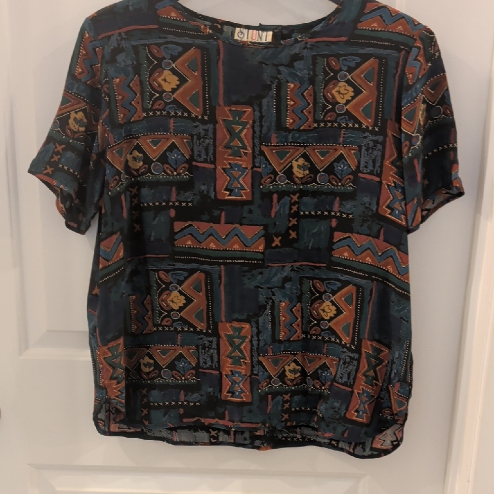 Vintage Stunt Collection Colorful Geometric Print Short Sleeve Silk Top Blouse